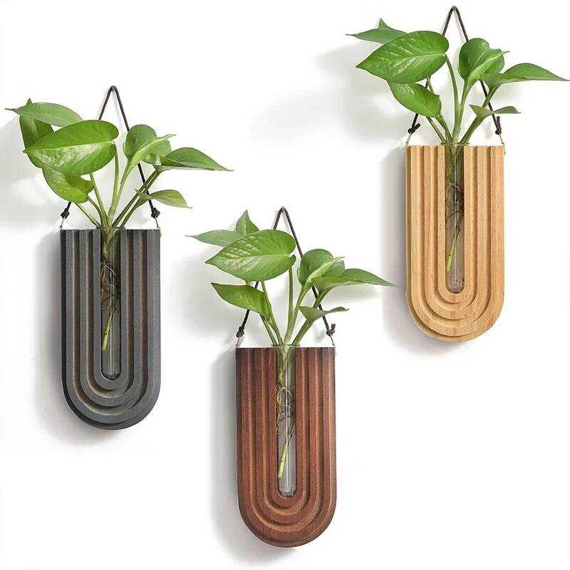 Xj Simple Wooden Wer Vase Wall Mounted Hanging Wer Pots Hydroponic ...