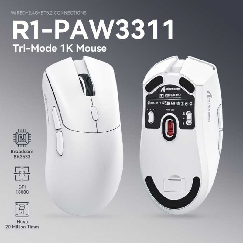 Attack Shark R1 Gaming Paw3311 Sensor Three Modes Bluetooth Wireless ...