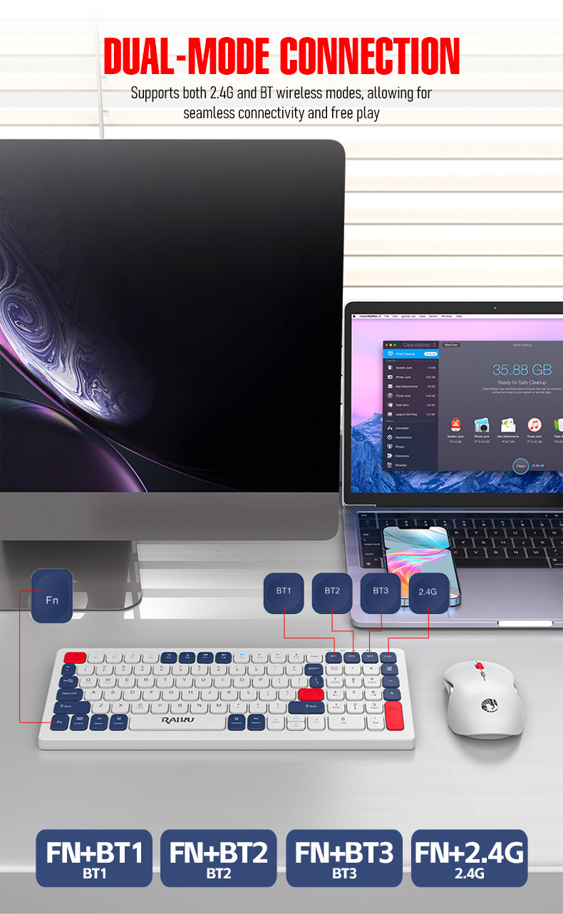 Raiku R906 Wireless Keyboard Mouse Set: 2.4G/BT dual connection, 100 ...