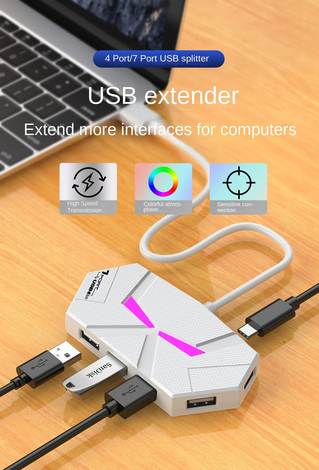 USB Extender 7-IN-1/4-IN-1 Splitter Supports High-Speed Data Transfer ...