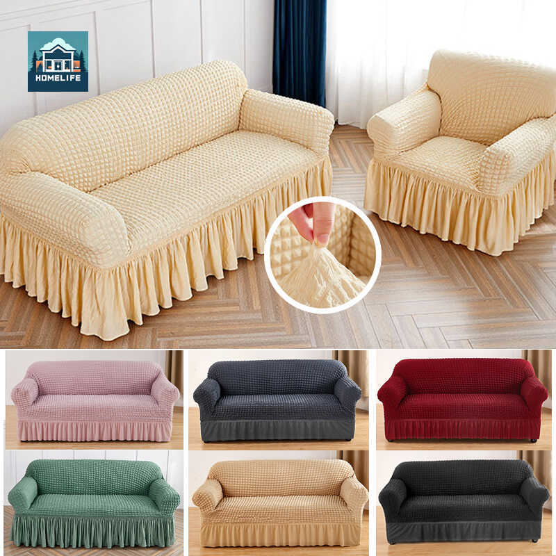 Seersucker Sofa Cover With Skirt 1/2/3/4 Seater Hot Design Gauze ...