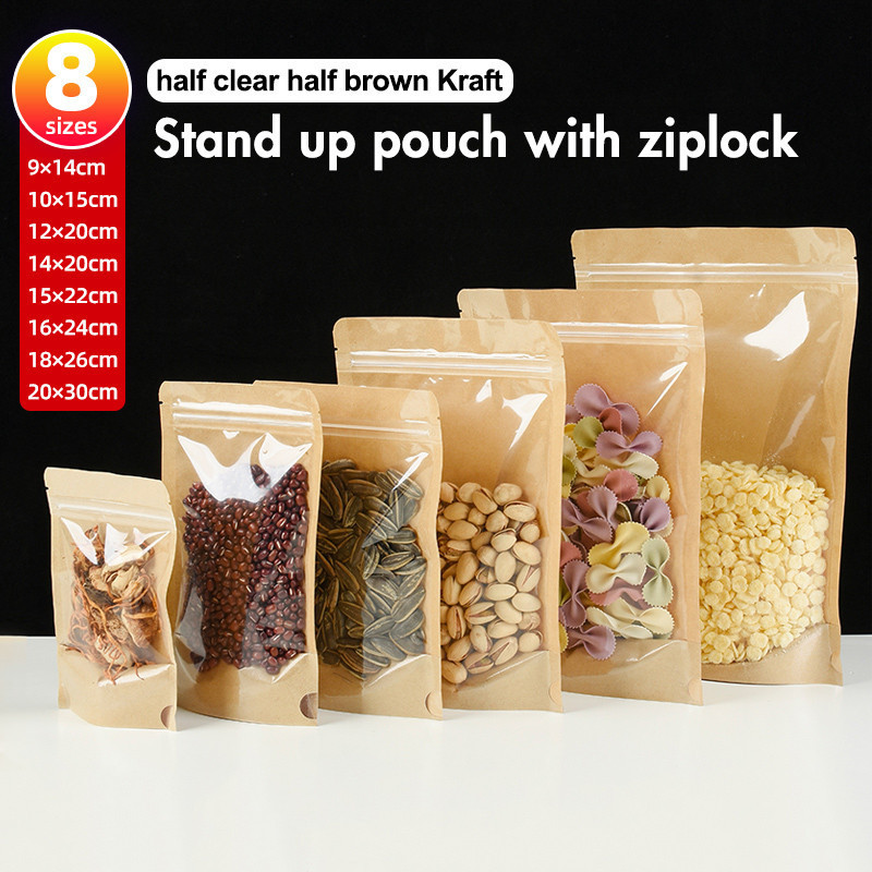 50pcs Kraft Brown Stand Up Pouch with Zip Lock Paper Bag Ziplock ...