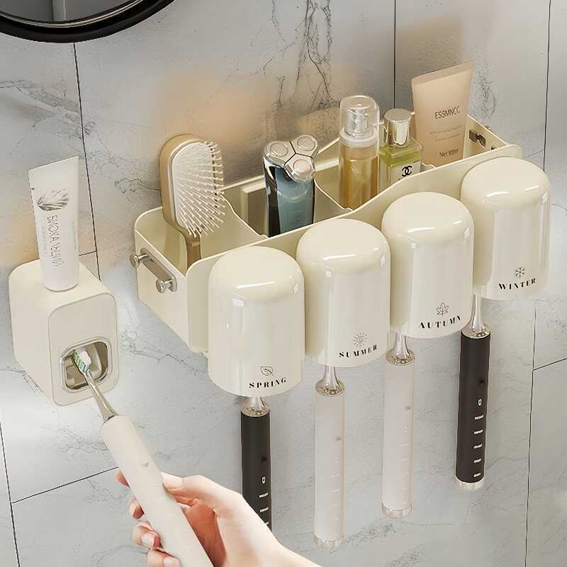 Holder Rack Toothbrush Bathroom No-Drill Wall-Mounted Hanging Mouthwash ...