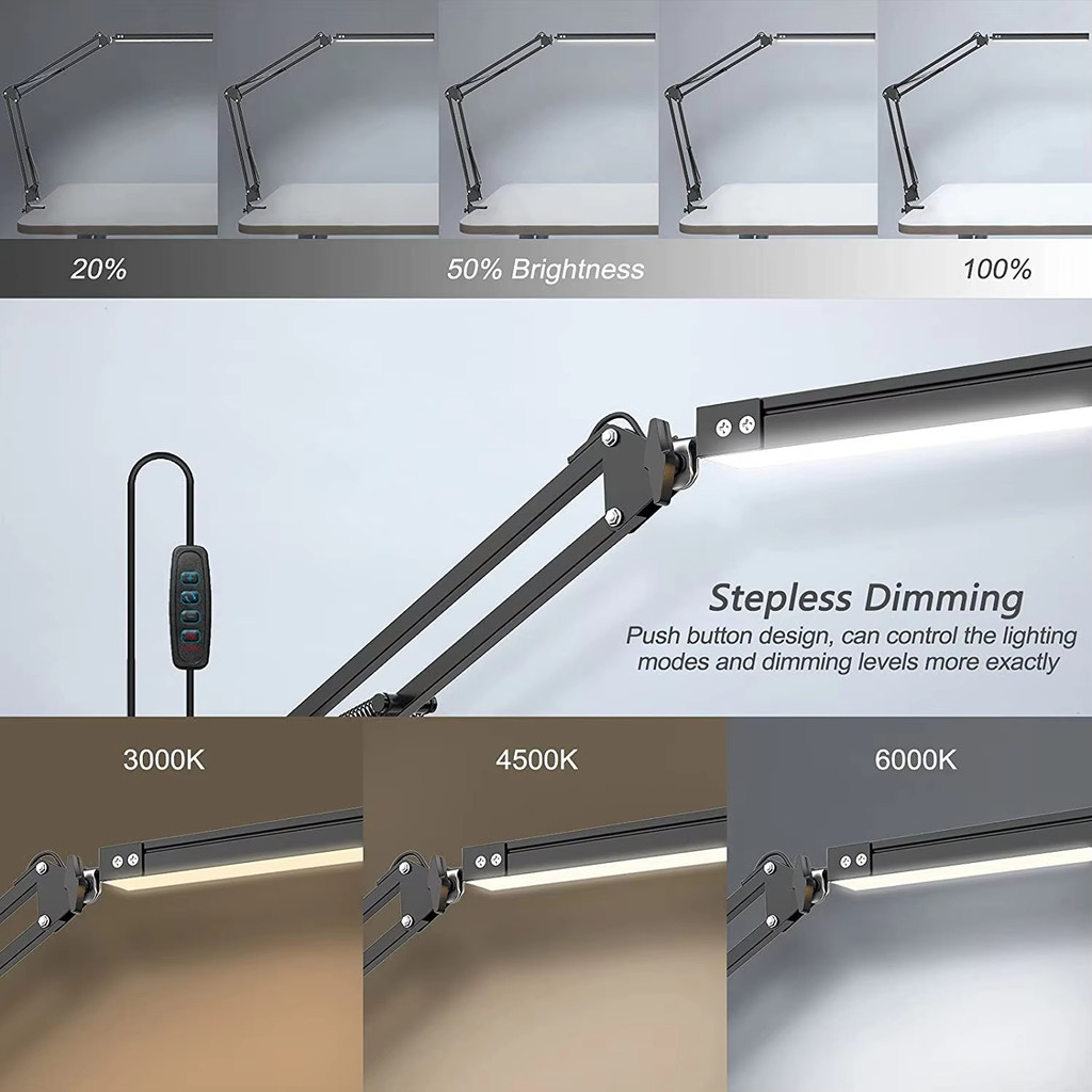 LED Folding Metal Desk Lamp with Clamp 360° Swing Arm Lamp Eye-caring 3 ...