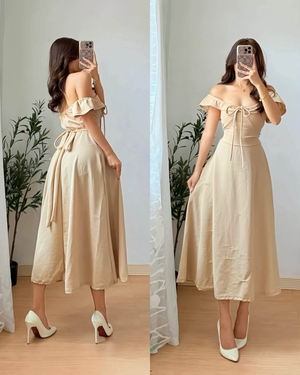ZEALO Maika Off-Shoulder Ruffle Sleeve Drawstring A-Line Midi Dress ...
