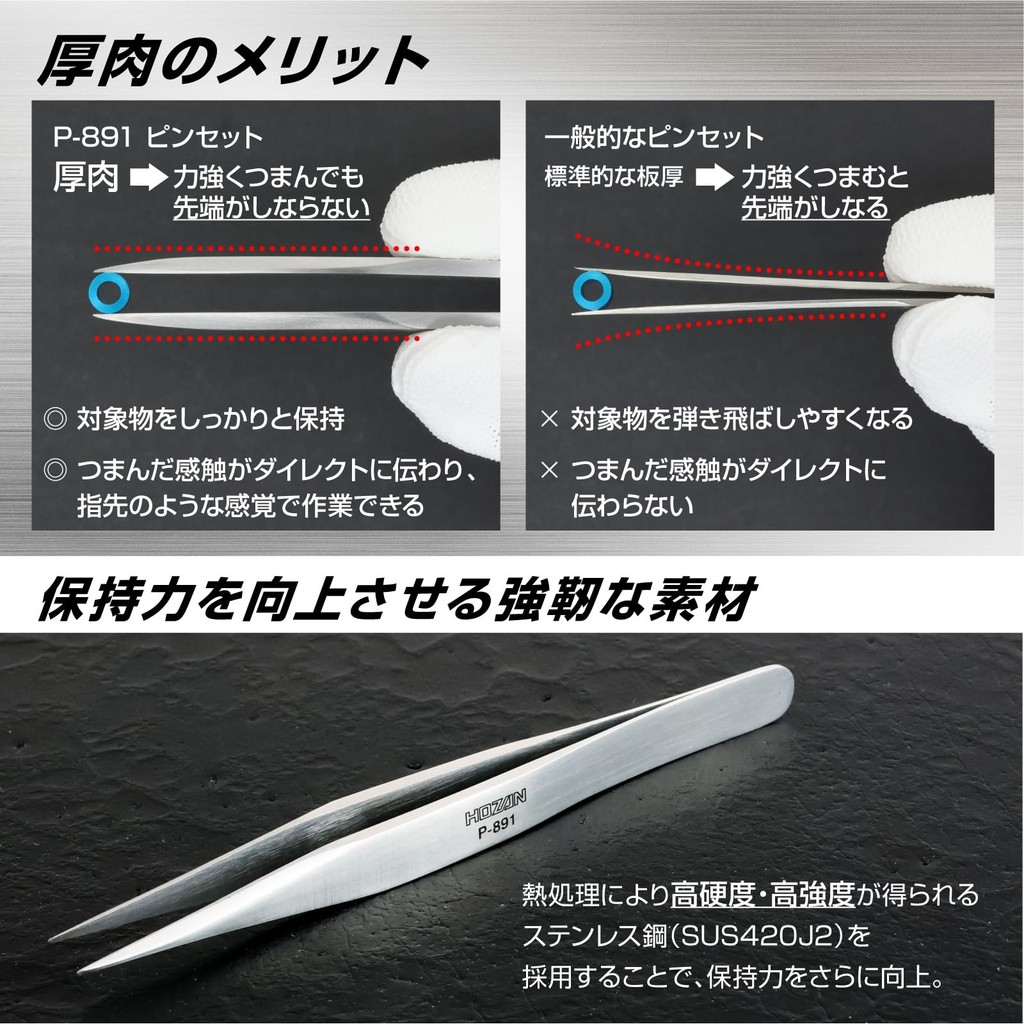 HOZAN Strong Tweezers P-887/P-891/P-892/P-894/P-898/Stainless Steel ...