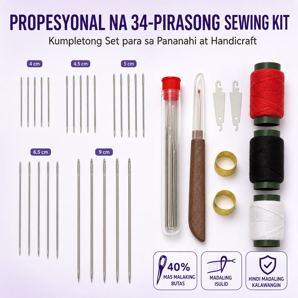 34PCS Large Eye Hand Sewing Needle Set 5 Sizes with Storage Case ...
