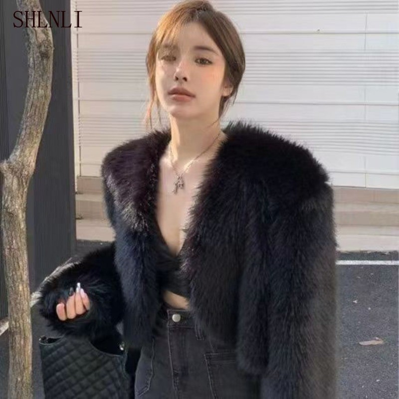 Women Korean Short Faux Fox Fur Coat Open Front Fluffy Cropped Jacket ...