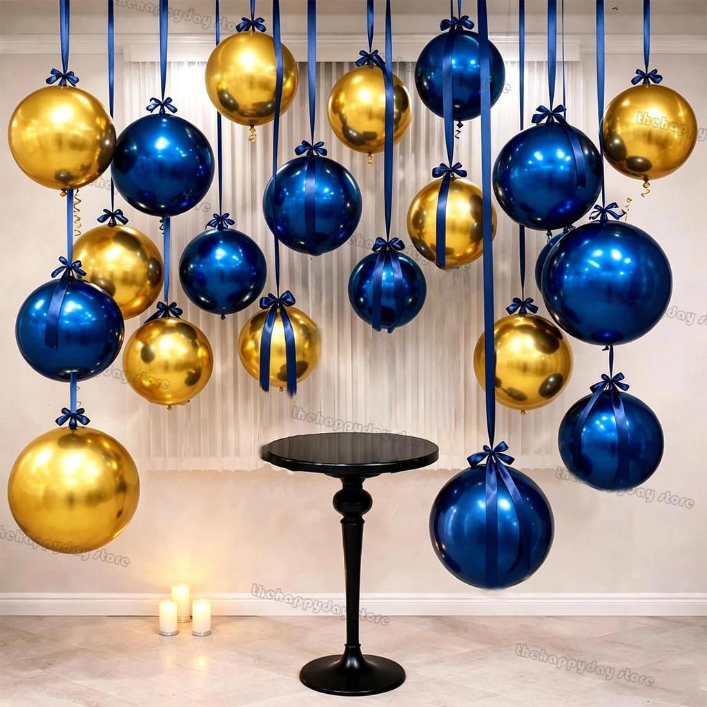 13Pcs Hanging Navy Blue Gold 4D Round Foil Balloons 22/15/10IN Ribbon ...