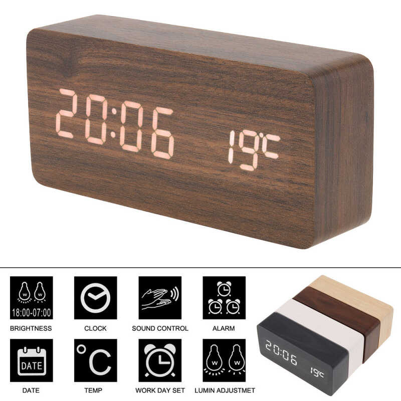 LED Wood Digital Alarm Clock Voice Control Time Date Temperature Table ...