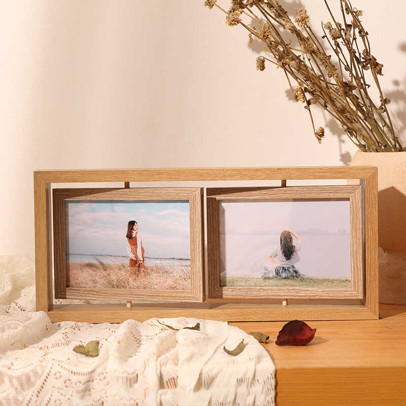 Rotating Creative Double-Sided Photo Frame Stand 6inch Rotating Wooden ...