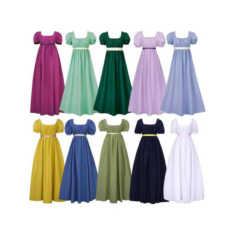 Medieval Regency Gown Bridgerton Cosplay Costume in Light Blue with a Gold Waistband main image 1