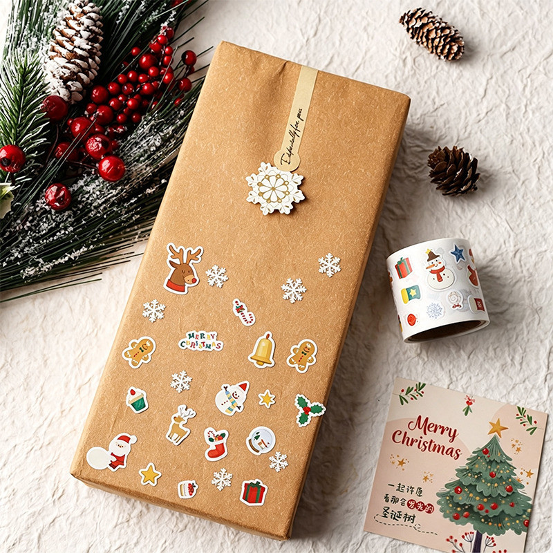 100 Pcs/Roll Merry Christmas Stickers Xmas Gift Package Decor Gift ...