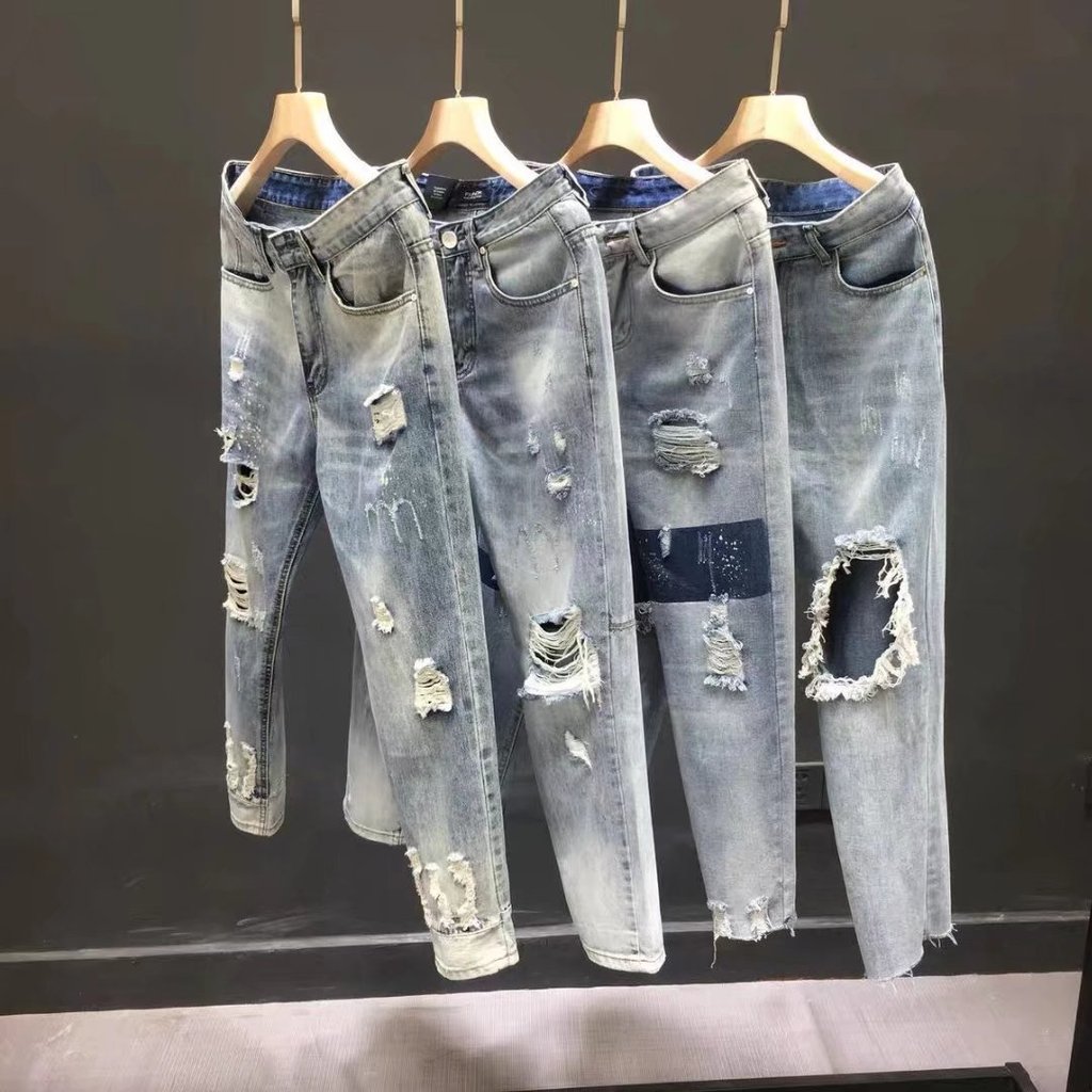 Counter Retreat~Men's Ripped Jeans Ankle-Length Pants Men's Slim-fit ...