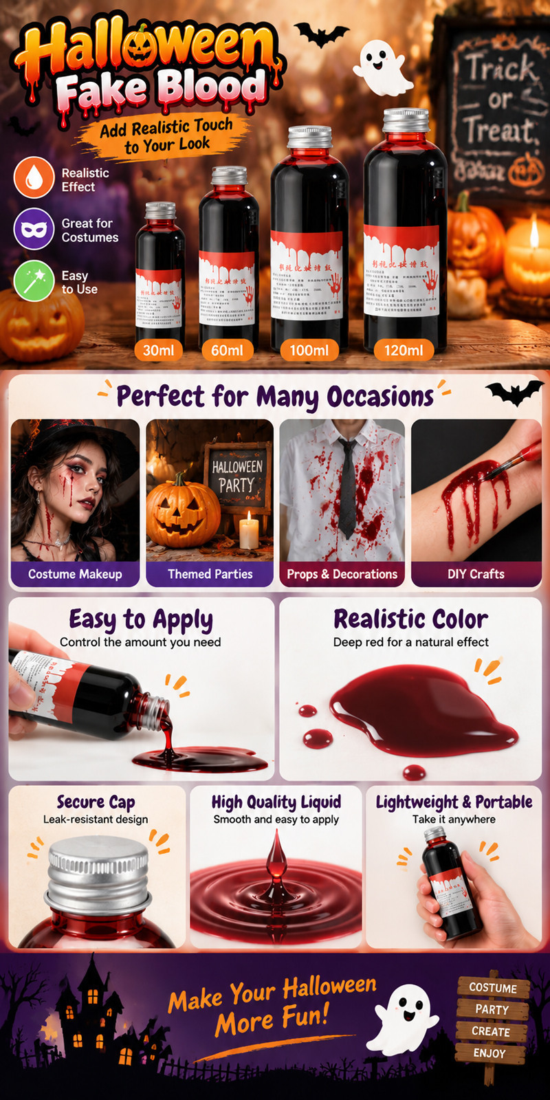 30/60/100/120ml Bottle Fake Blood Liquid | Halloween Makeup Fake Blood ...
