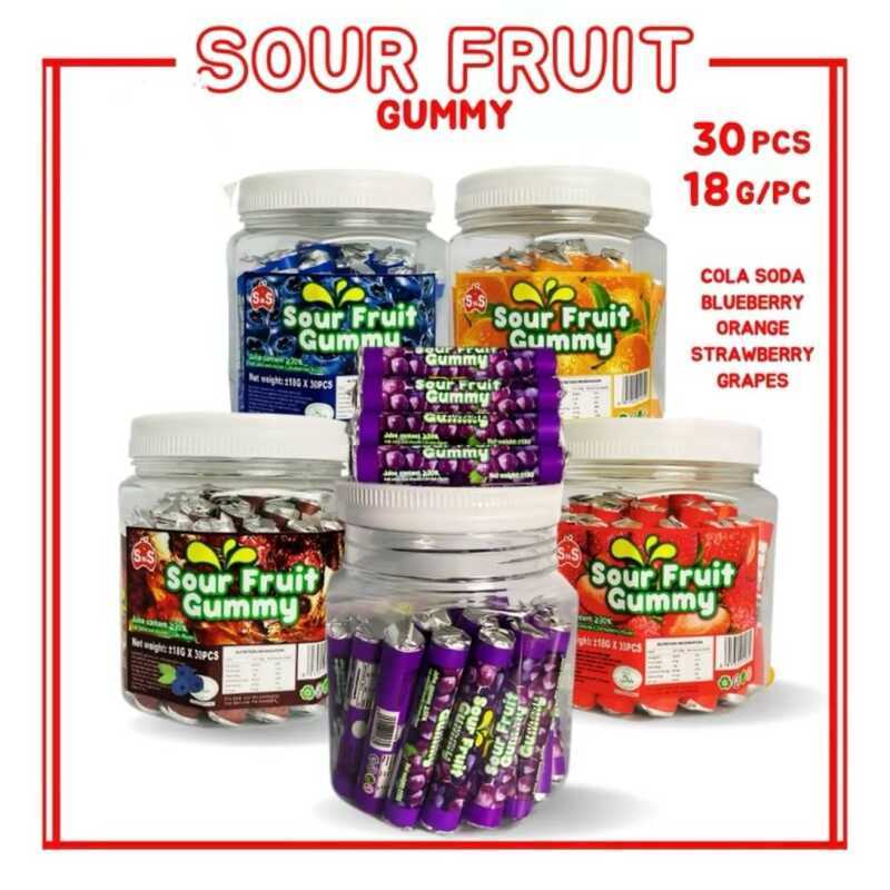 COD SYB 30Pcs/1Jar Sour Fruit Gummy Blueberry / Cola Soda /Orange ...