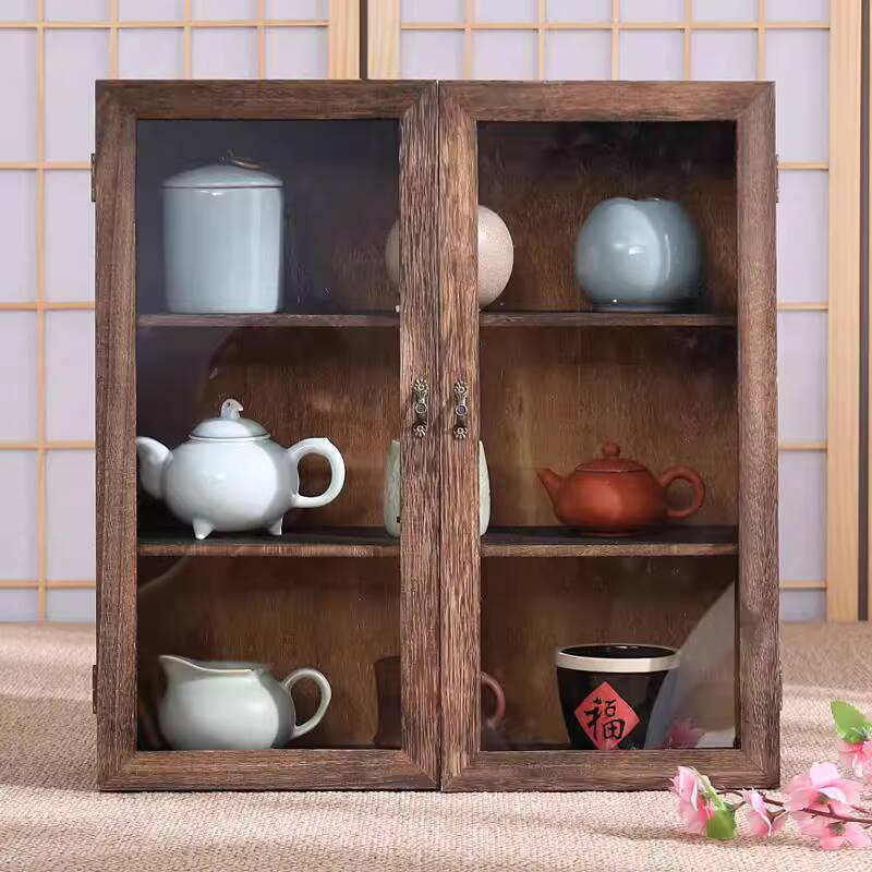 ☑♥ Solid Wood Tea Cabinet Dustproof Tea Cup Rack Glass Small Display ...