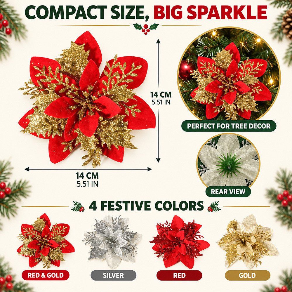Navidad Glitter Poinsettia Christmas Flowers with Clips 5/10Pcs 14cm ...