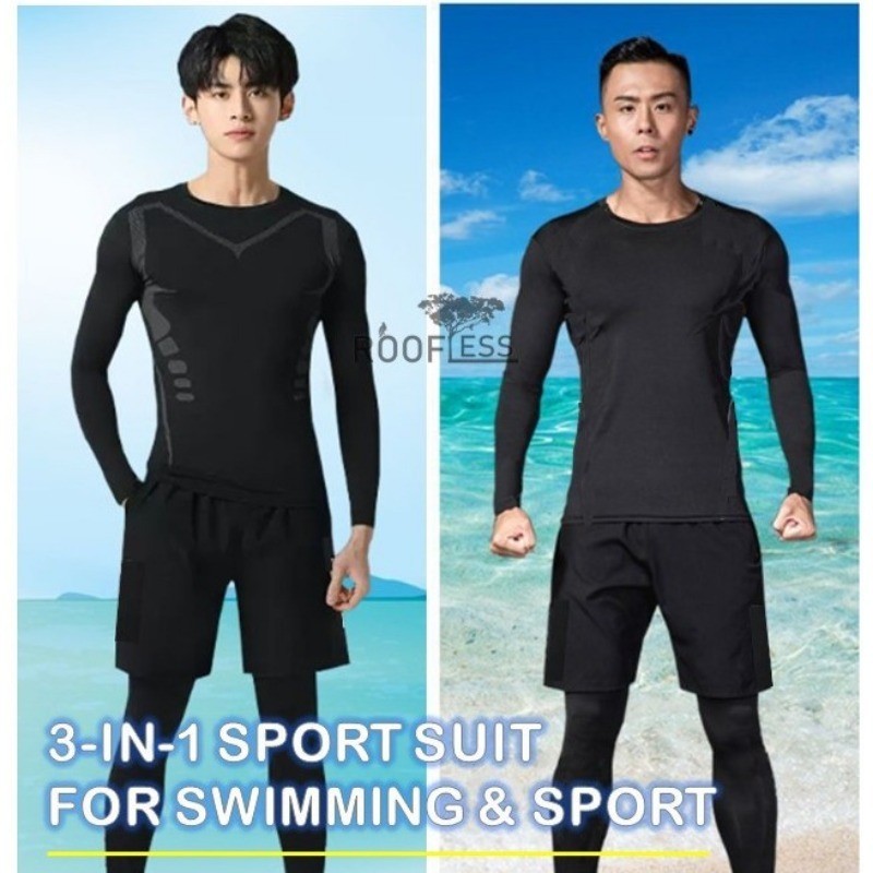 Men's 3-Piece Swim & Compression Sport Set Quick Dry Long Sleeve Top ...