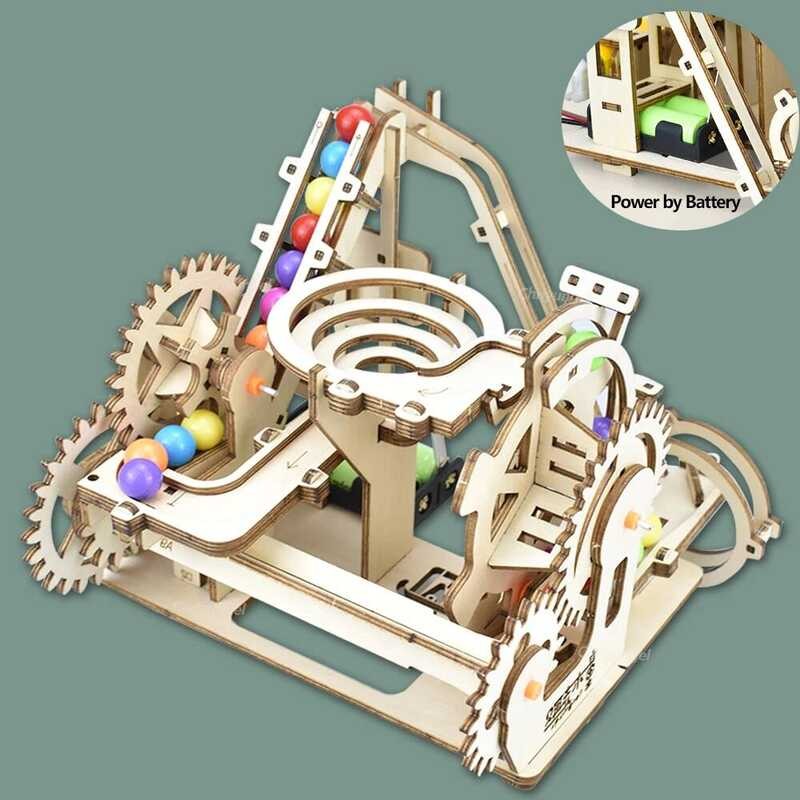 3D Wooden Puzzle Marble Run Set Electric Automatic Roller Coaster Model ...