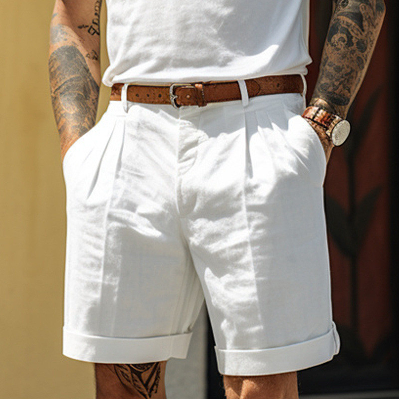 Men Short Linen Shorts Summer Shorts Pleated Shorts Pocket Pleated ...