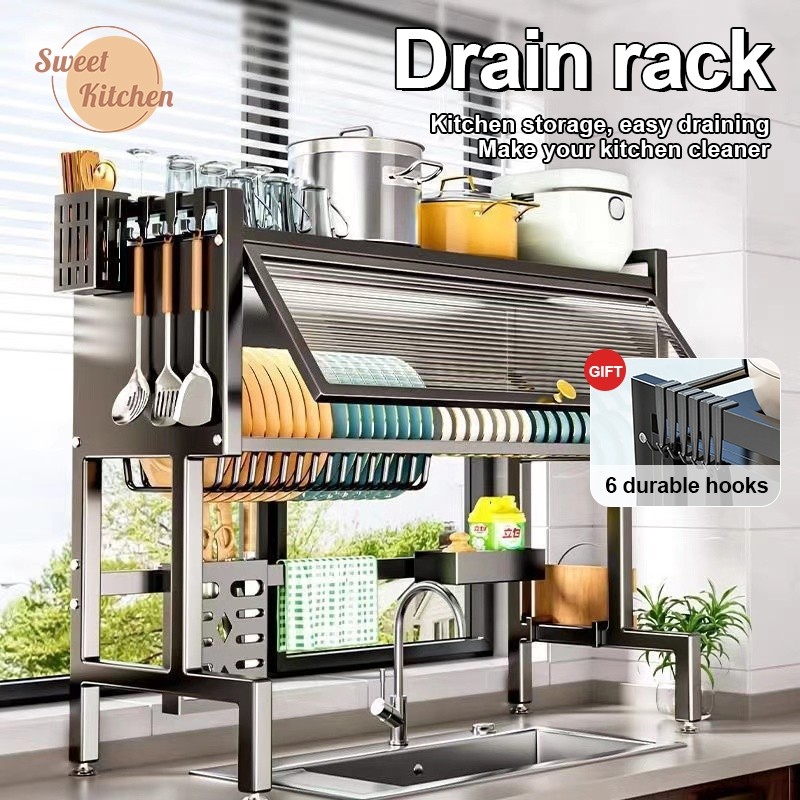 Kitchen Drainer Plate Drying Rack with Cover Plate Sink Organizer Multi ...