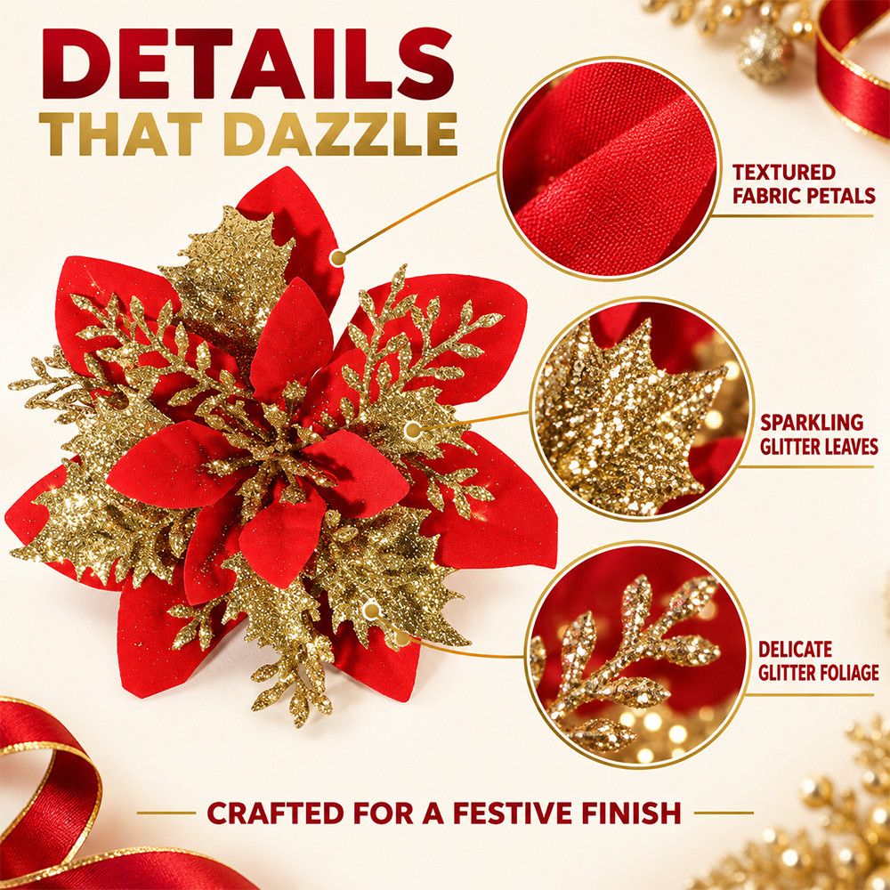 Navidad Glitter Poinsettia Christmas Flowers with Clips 5/10Pcs 14cm ...