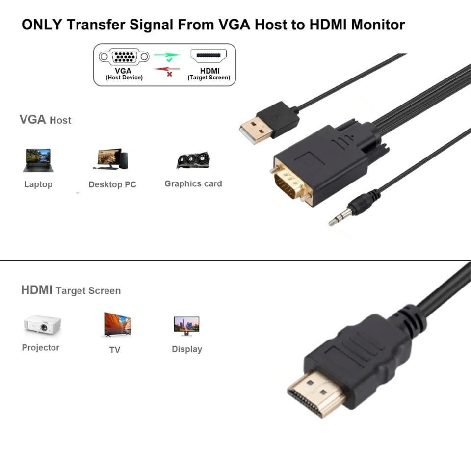 VGA Input to HDMI Output Cable 1080P VGA Male to HDMI Male Cable With 3 ...