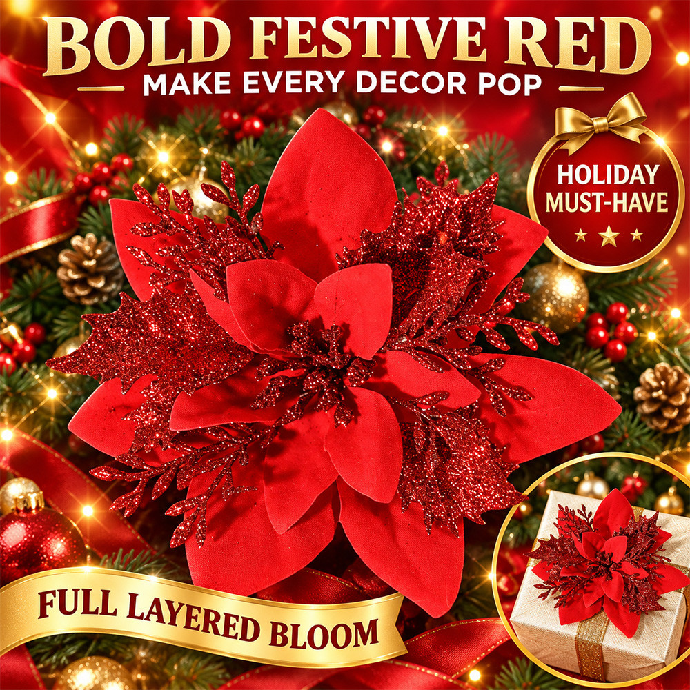 Navidad Glitter Poinsettia Christmas Flowers with Clips 5/10Pcs 14cm ...