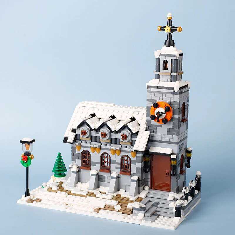 Y MOC Winter Church Building Blocks Kit Snow Village Bricks Assemble 1 ...