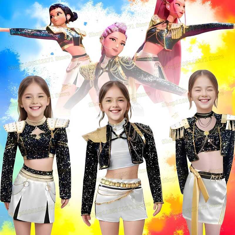 Rumi Zoey Mira Huntrix Take Down Stage Outfit Kids Black Golden Costume Wig Kpop Demon Hunters Idol