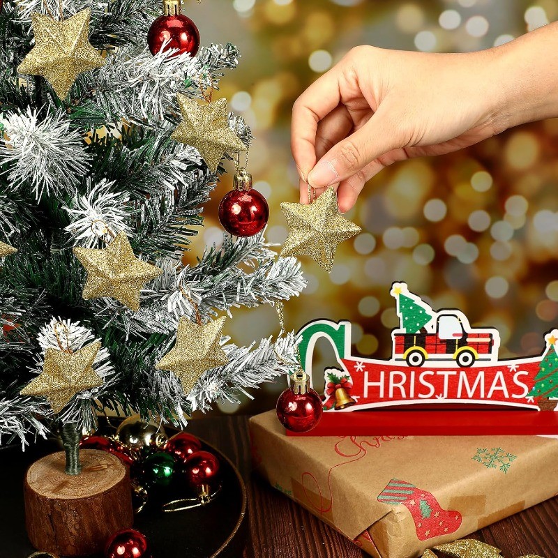 4/16Pcs Gold Glitter Star Ornaments Christmas Tree Pendant Mini Hanging ...
