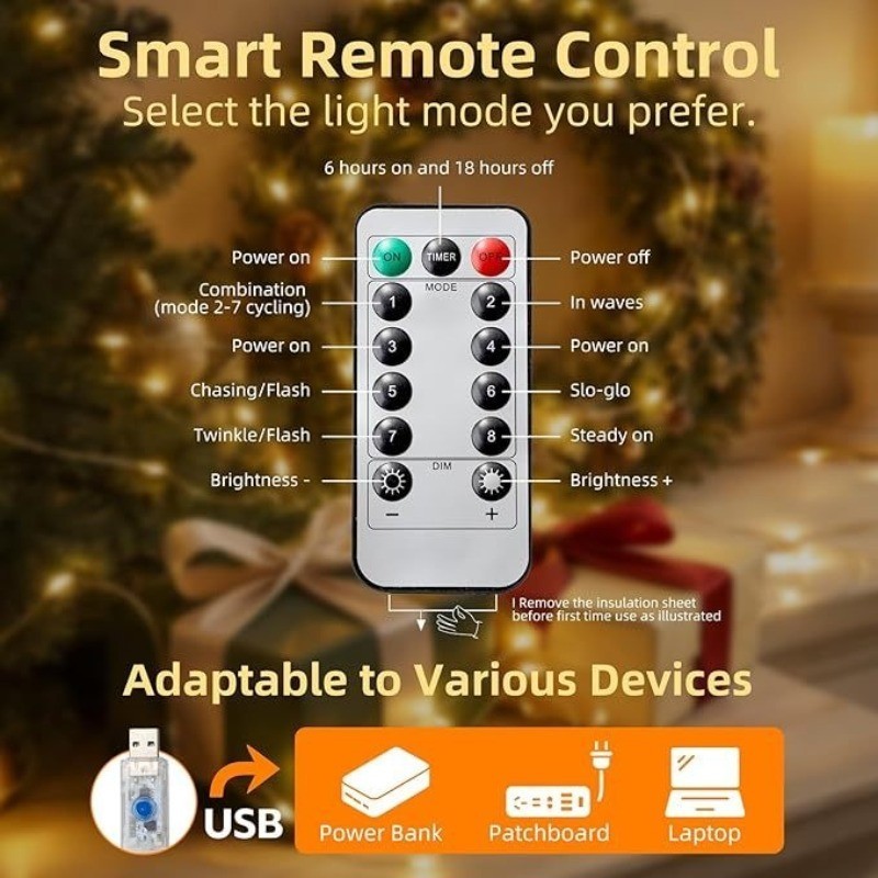 8 Mode USB String Lights, Waterproof Fairy Lights (10-40M) with Remote ...