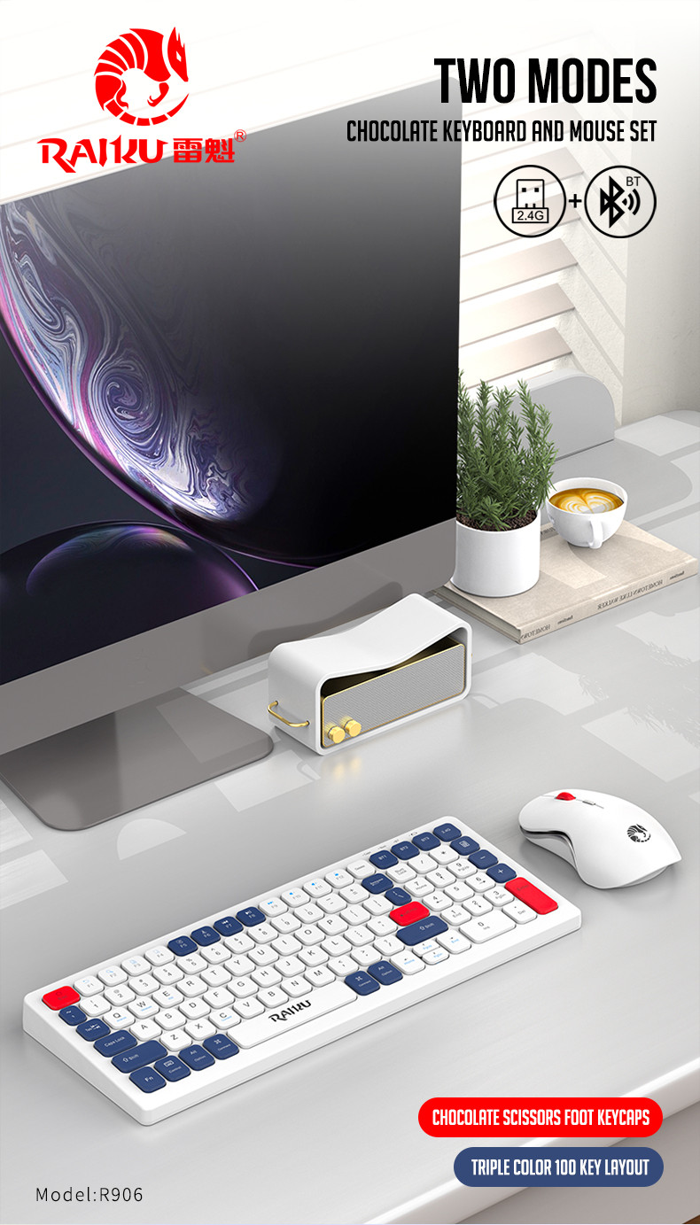 Raiku R906 Wireless Keyboard Mouse Set: 2.4G/BT dual connection, 100 ...