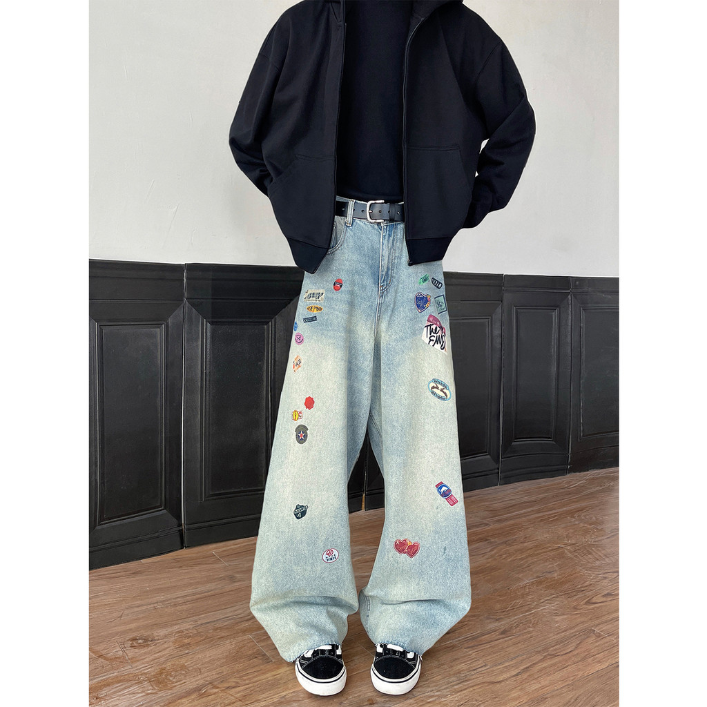 American Retro Sticker Label Printed Jeans Men Autumn Street Wear ...