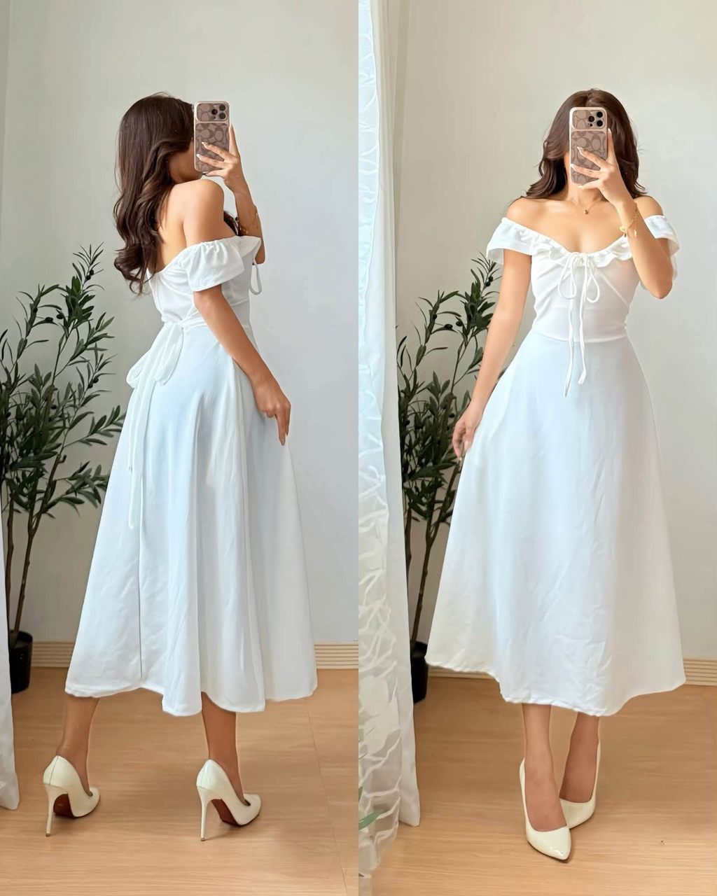 ZEALO Maika Off-Shoulder Ruffle Sleeve Drawstring A-Line Midi Dress ...