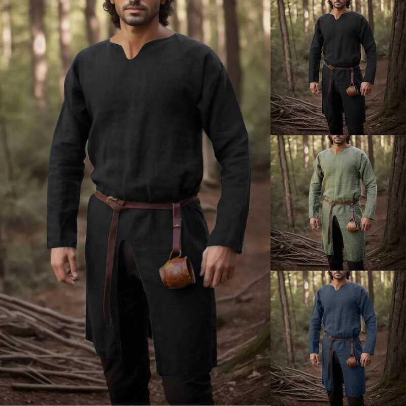 Medieval Renaissance Retro Linen Shirt Tops Tunic Male Long Robes Dress ...