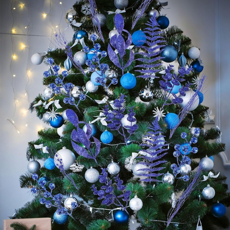 5Pcs Blue Assorted Glitter Christmas Tree Picks Artificial Branches ...