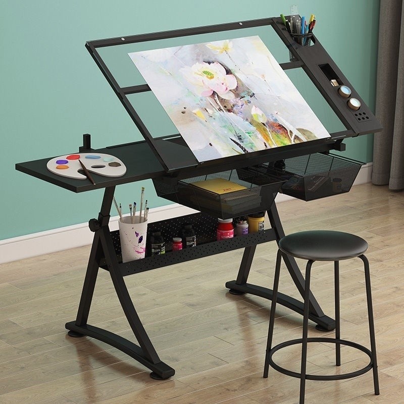 Drawing glass table lift Height Adjustable drawing table with Leather ...
