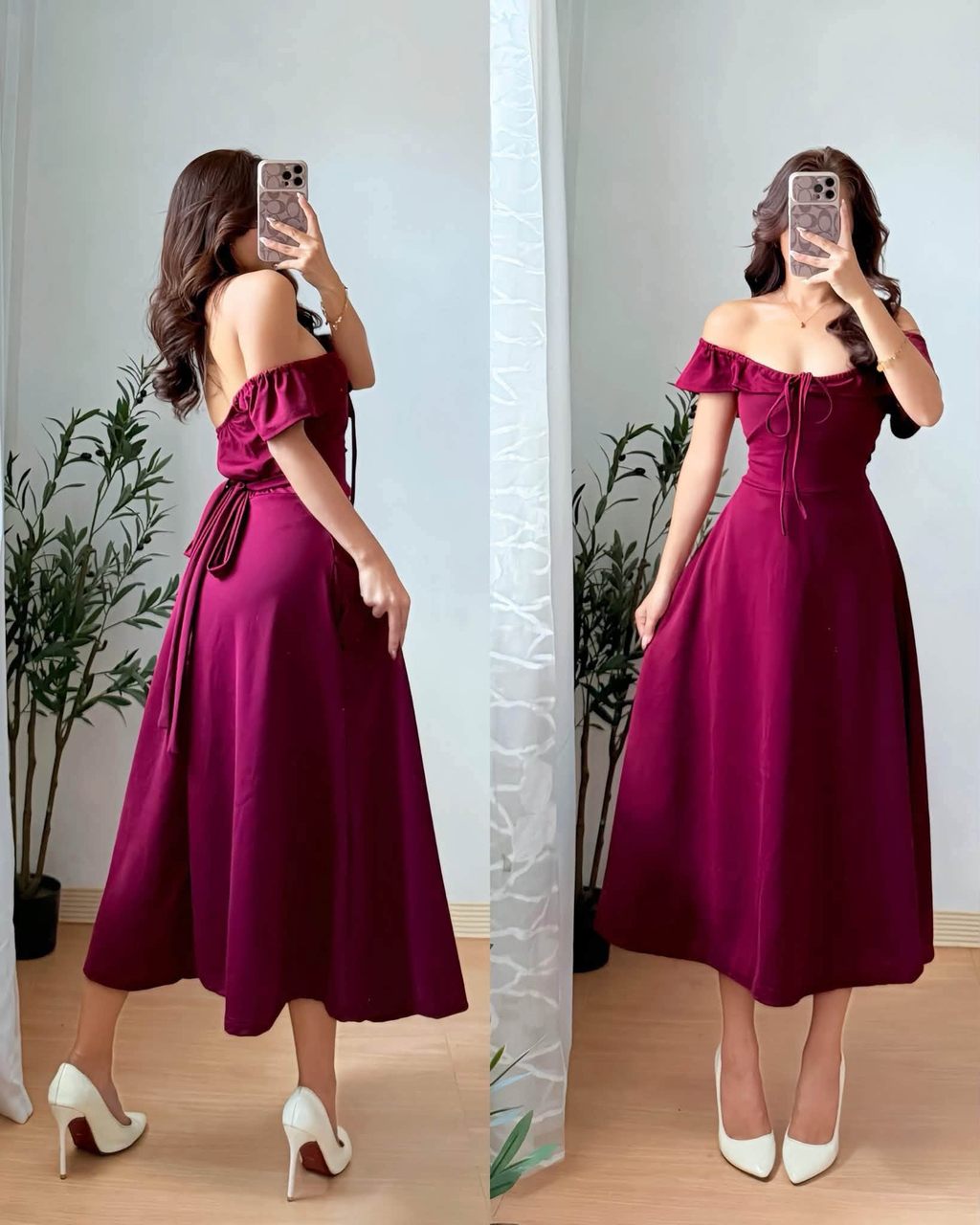 ZEALO Maika Off-Shoulder Ruffle Sleeve Drawstring A-Line Midi Dress ...