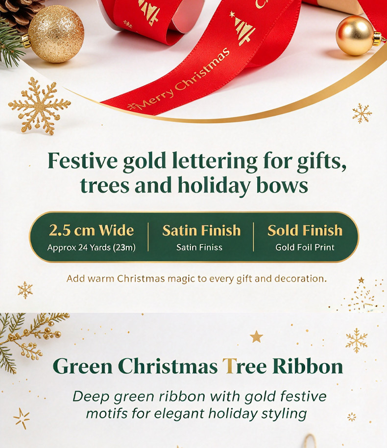 (2.5cm/25 Yards/Roll) Satin Ribbon for Christmas Decor Gift Packing and ...