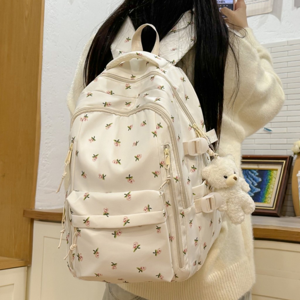 Fashionable printed rose women's backpack with multiple compartments ...