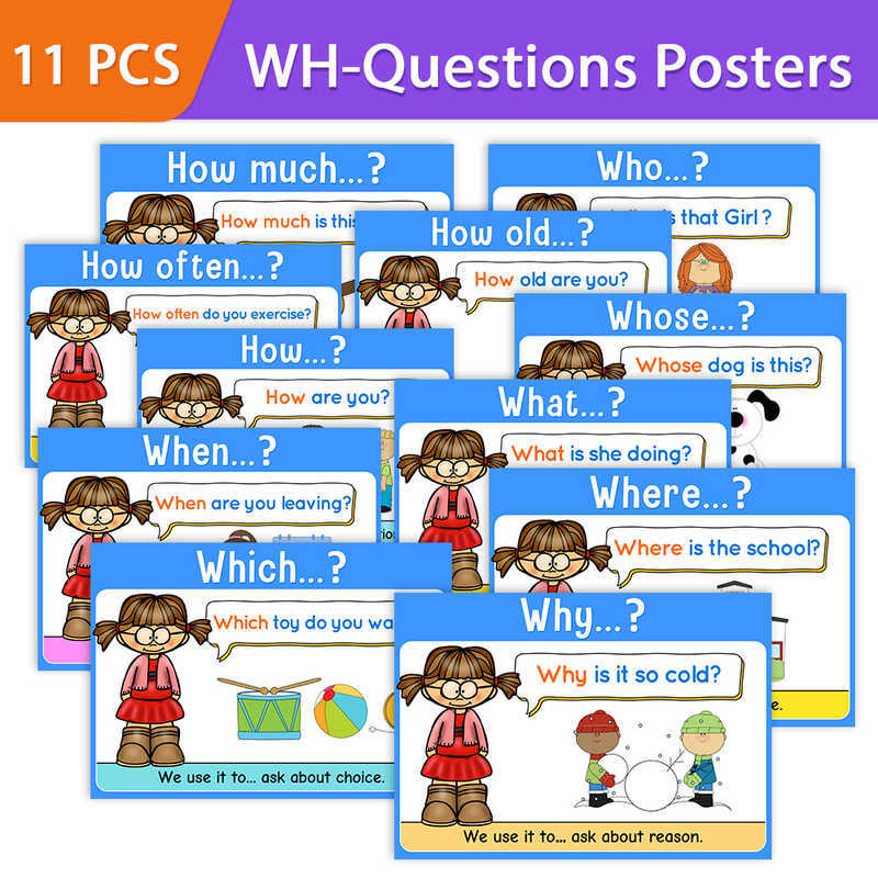 11Pcs Posters Chart Wh-Questions Words What/Who/When/Which/ Where ...