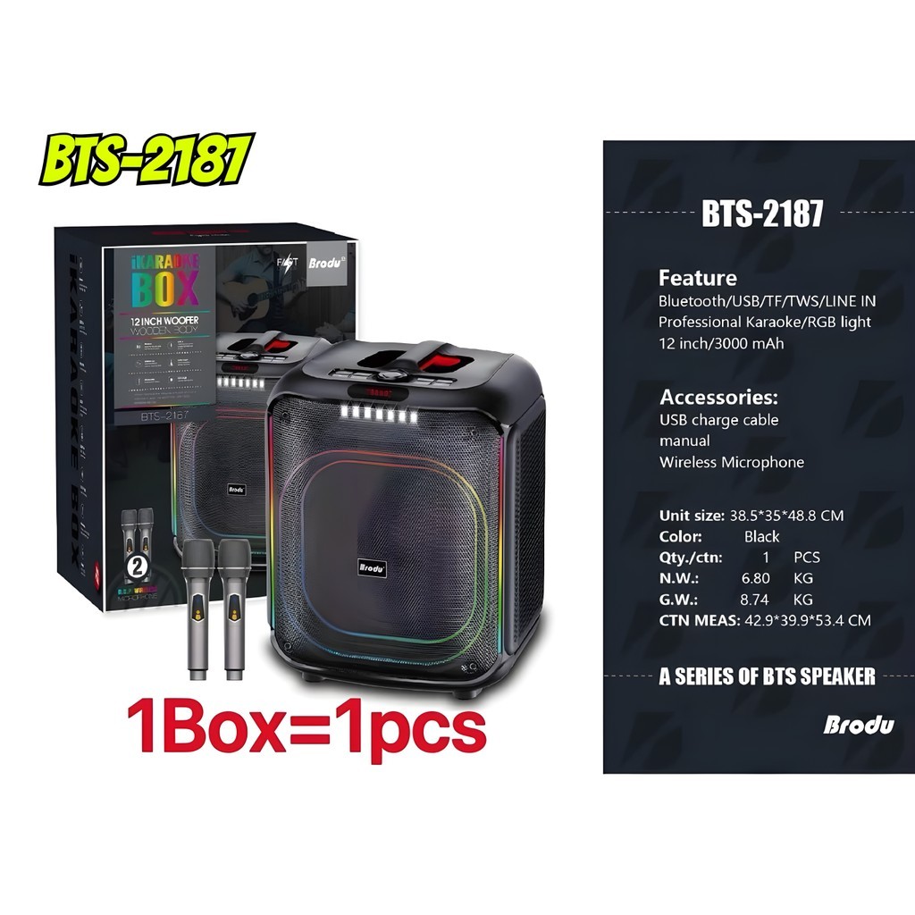 Brodu BTS-2187 12” RGB Karaoke Speaker with 2 Wireless Mic TWS ...