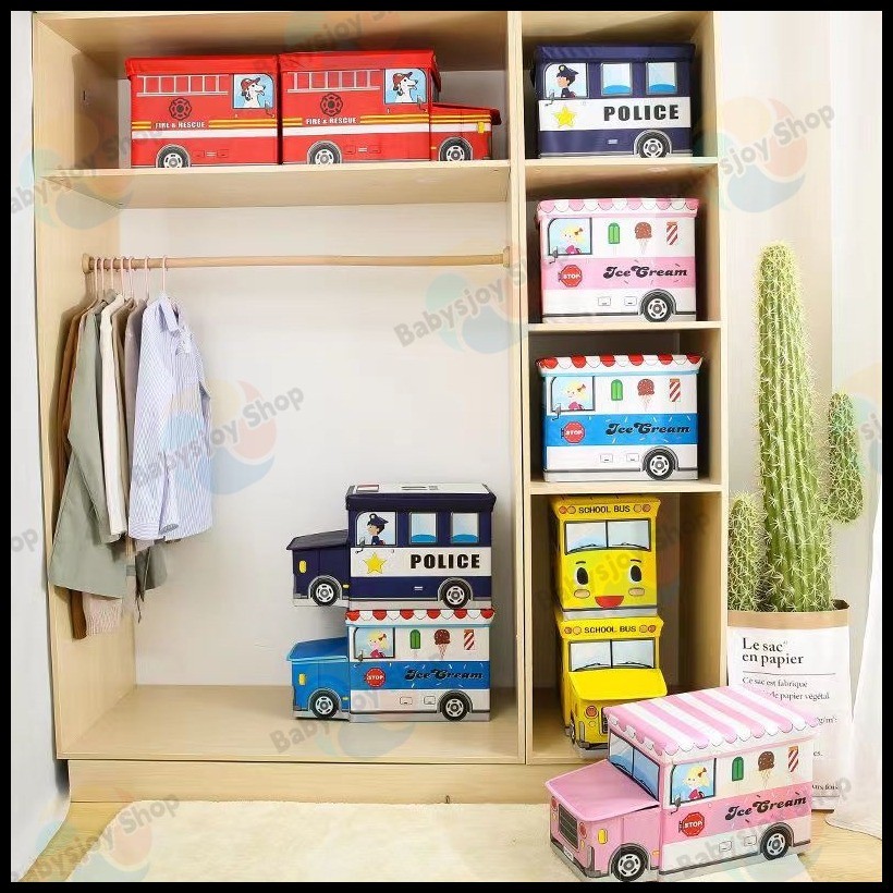 Kids Stool Ottoman Foldable Storage Box Storage Bus Cartoon school bus ...
