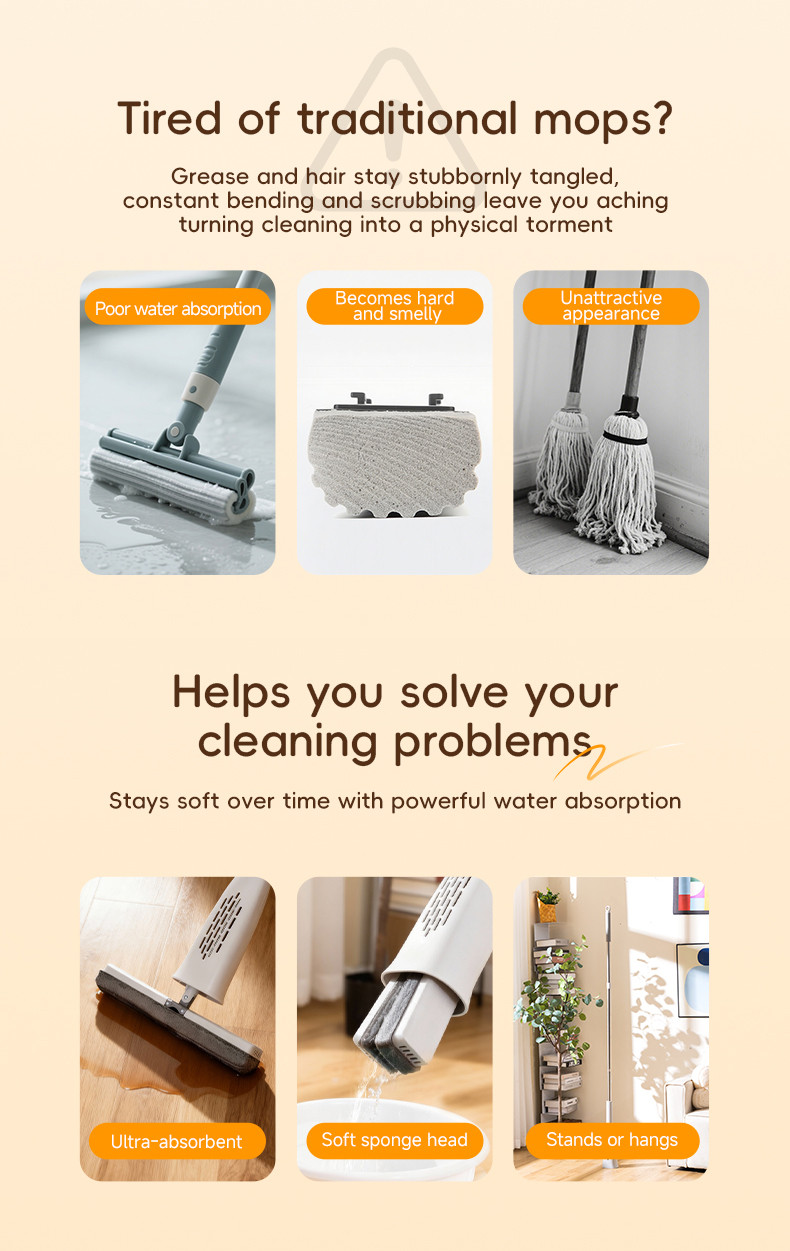 Deli Vusign Soft Sponge Mop Hand Wash-Free Lazy Sponge Mop Household ...