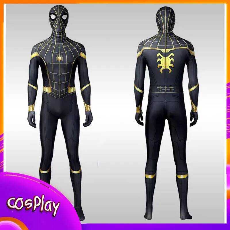 AA Spider Man Black And Gold Suit Cosplay Costume Cos Peter Jumpsuit ...