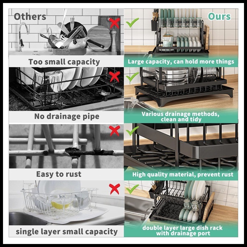 2 Layers Dish Rack Plate Organizer Dish Drainer Rack Set Metal Kitchen ...