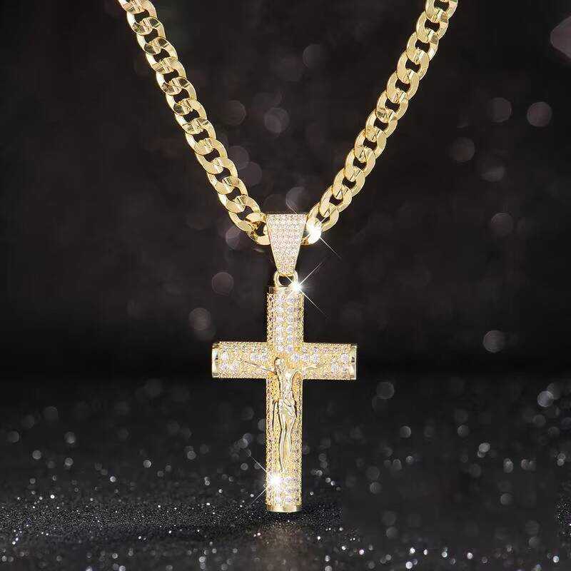 14k Men's Real Gold Plated Cross Necklace Matte Chain with Jesus Cross ...