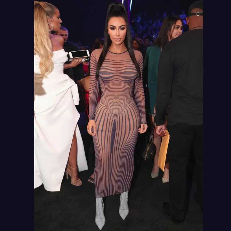 Sinuous Mysterious Stripe Printed Kim Dress Sheer Mesh Long Sleeves ...